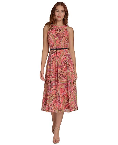 Tommy Hilfiger Women's Paisley Chiffon Midi Sheer Dress Women's Fashion Shoes & Accessories