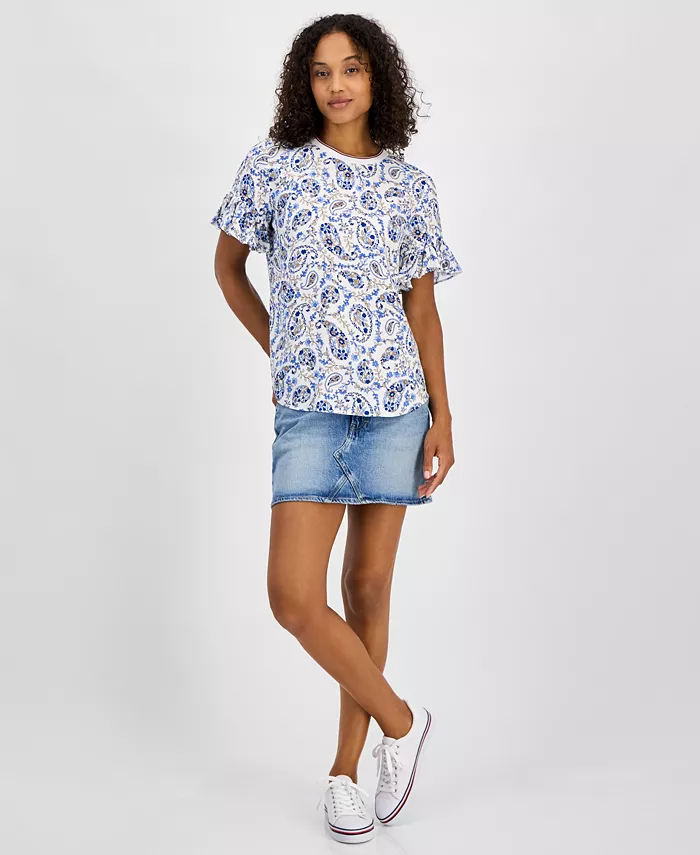 Tommy Hilfiger Women's Paisley-Print Ruffle-Sleeve Top Women's Fashion Shoes & Accessories