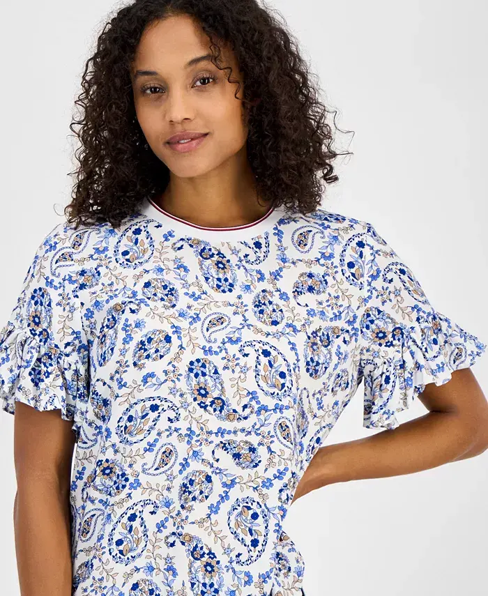 Tommy Hilfiger Women's Paisley-Print Ruffle-Sleeve Top Women's Fashion Shoes & Accessories