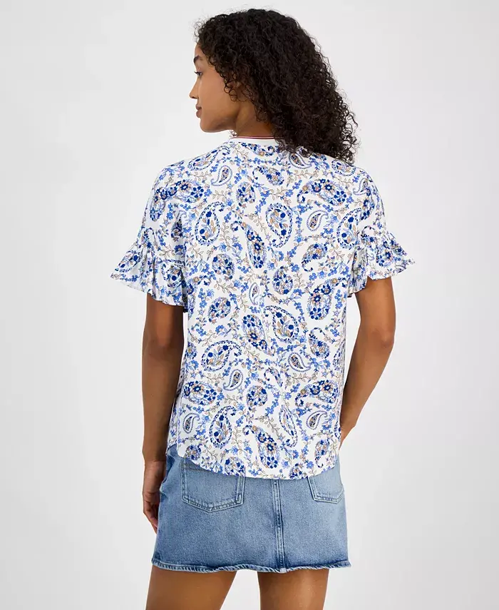 Tommy Hilfiger Women's Paisley-Print Ruffle-Sleeve Top Women's Fashion Shoes & Accessories