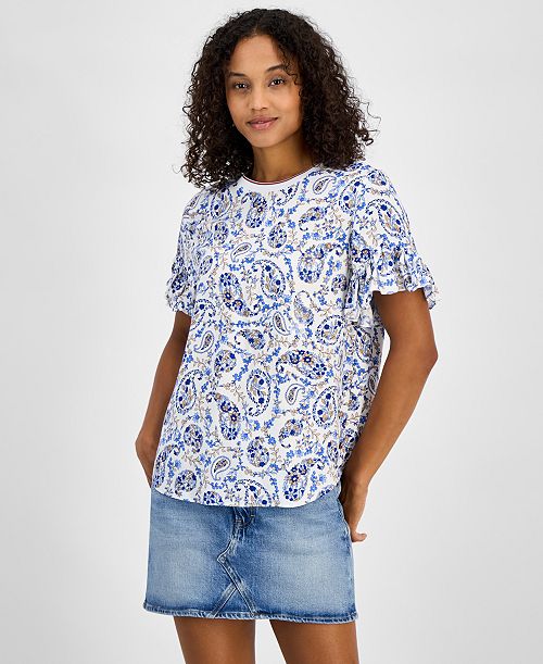 Tommy Hilfiger Women's Paisley-Print Ruffle-Sleeve Top Women's Fashion Shoes & Accessories
