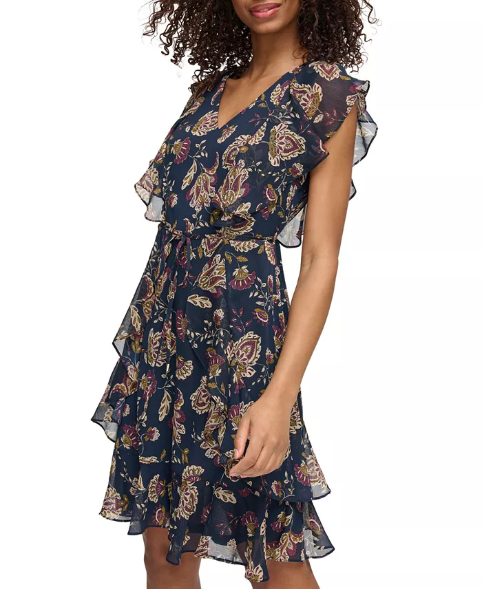 Tommy Hilfiger Women's Printed Flutter-Sleeve Ruffle Dress Women's Fashion Shoes & Accessories