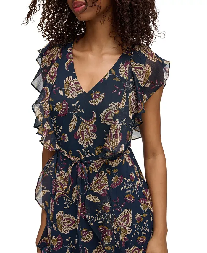Tommy Hilfiger Women's Printed Flutter-Sleeve Ruffle Dress Women's Fashion Shoes & Accessories