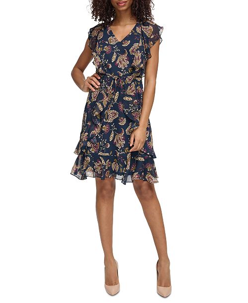 Tommy Hilfiger Women's Printed Flutter-Sleeve Ruffle Dress Women's Fashion Shoes & Accessories