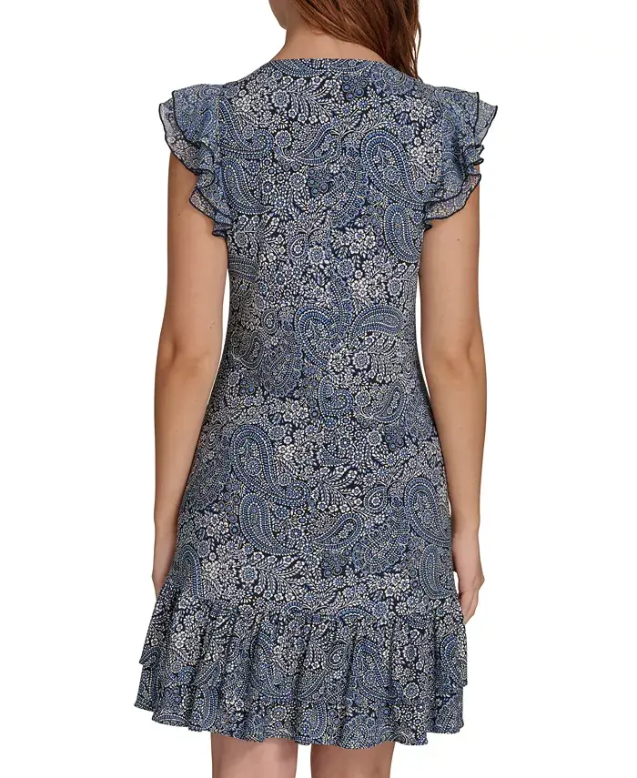 Tommy Hilfiger Women's Printed Flutter-Sleeve Shift Dress Women's Fashion Shoes & Accessories
