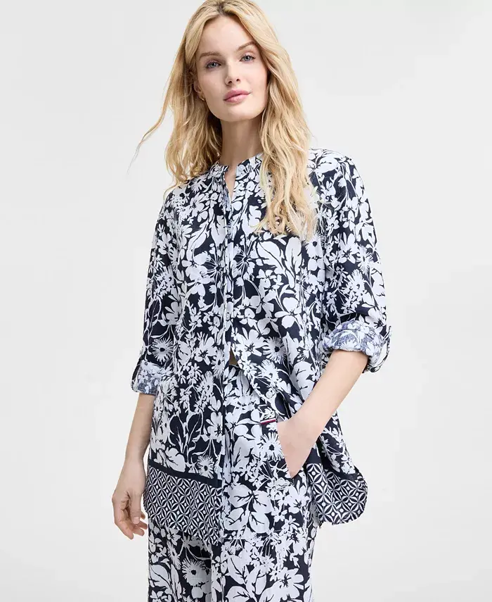 Tommy Hilfiger Women's Printed Long-Sleeve Tunic & Wide-Leg Pants Women's Fashion Shoes & Accessories