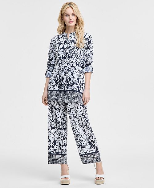 Tommy Hilfiger Women's Printed Long-Sleeve Tunic & Wide-Leg Pants Women's Fashion Shoes & Accessories