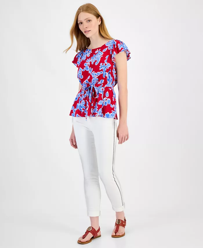 Tommy Hilfiger Women's Printed Ruffled-Sleeve Peplum Top Women's Fashion Shoes & Accessories