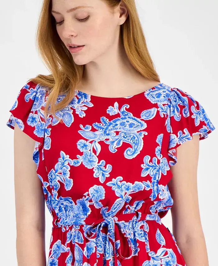 Tommy Hilfiger Women's Printed Ruffled-Sleeve Peplum Top Women's Fashion Shoes & Accessories