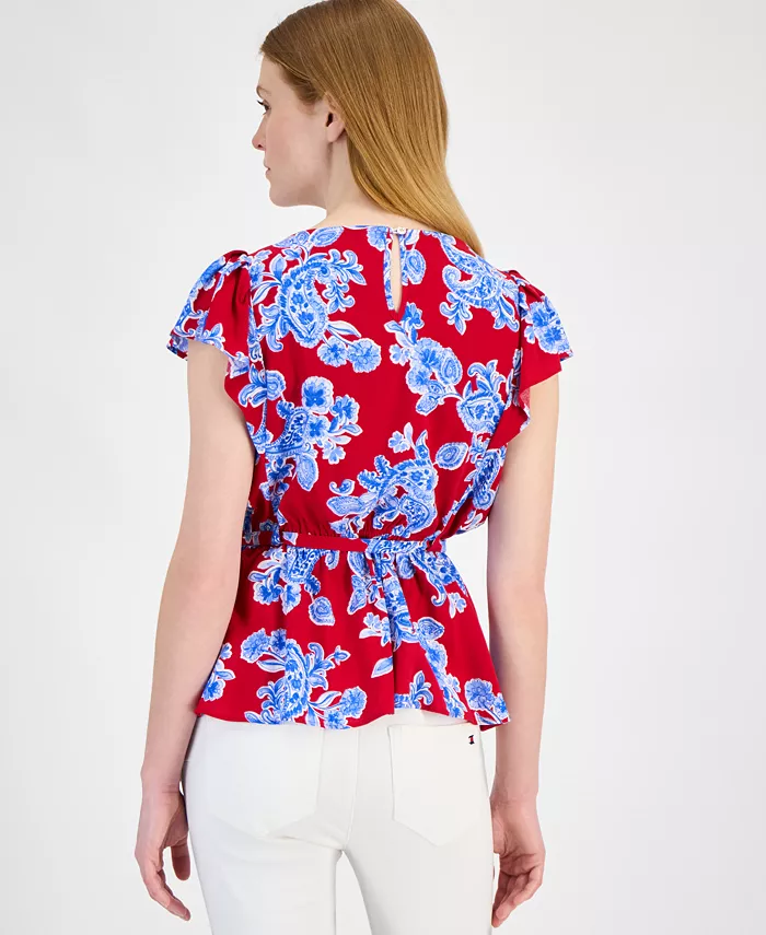 Tommy Hilfiger Women's Printed Ruffled-Sleeve Peplum Top Women's Fashion Shoes & Accessories