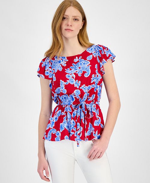 Tommy Hilfiger Women's Printed Ruffled-Sleeve Peplum Top Women's Fashion Shoes & Accessories