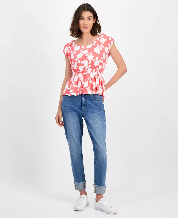 Tommy Hilfiger Women's Riviera Floral Bubble-Sleeve Peplum Top Women's Fashion Shoes & Accessories
