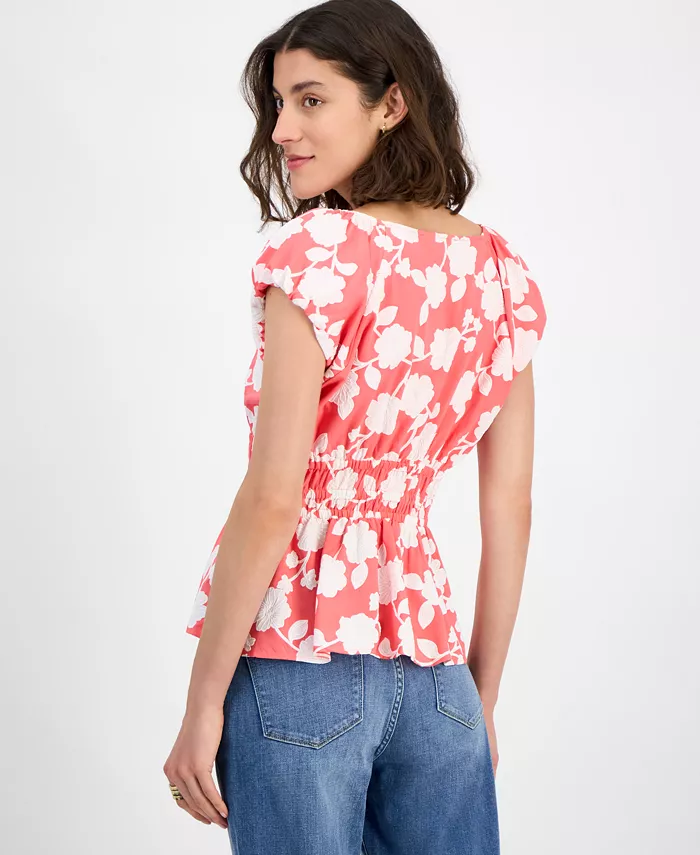 Tommy Hilfiger Women's Riviera Floral Bubble-Sleeve Peplum Top Women's Fashion Shoes & Accessories