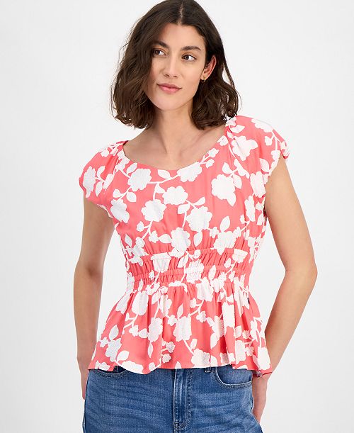 Tommy Hilfiger Women's Riviera Floral Bubble-Sleeve Peplum Top Women's Fashion Shoes & Accessories