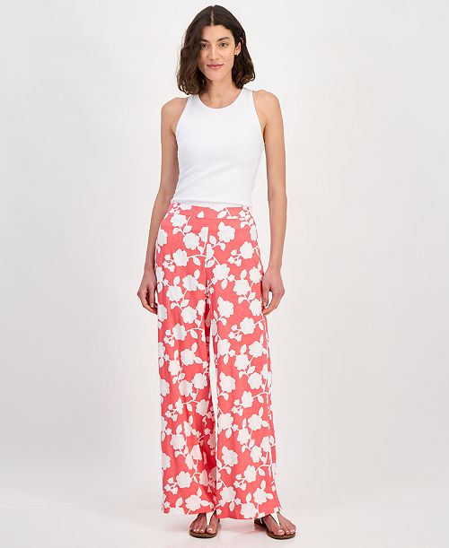 Tommy Hilfiger Women's Riviera Floral Wide-Leg Pants Women's Fashion Shoes & Accessories