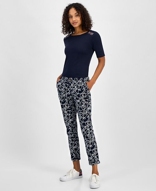 Tommy Hilfiger Women's Rope-Print Hampton Chino Pants Women's Fashion Shoes & Accessories