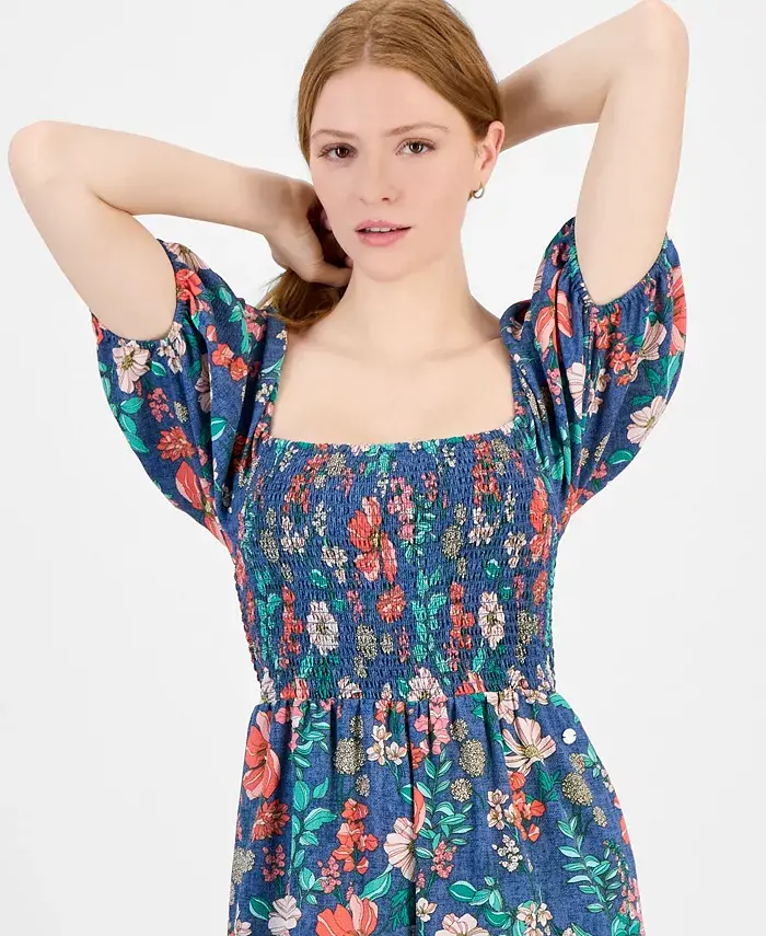 Tommy Hilfiger Women's Square-Neck Smocked Jumpsuit Women's Fashion Shoes & Accessories