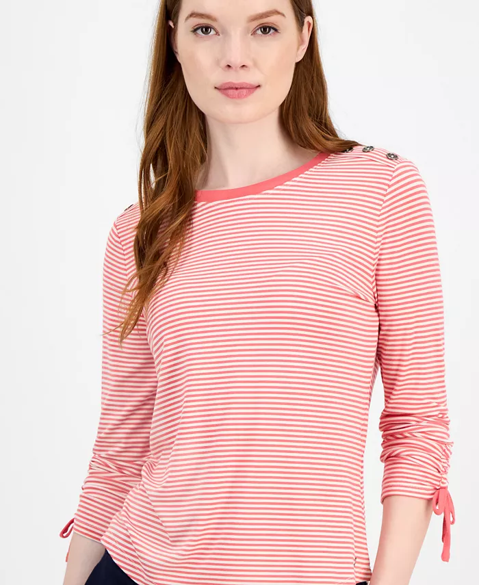 Tommy Hilfiger Women's Striped Ruched-Sleeve Top Women's Fashion Shoes & Accessories