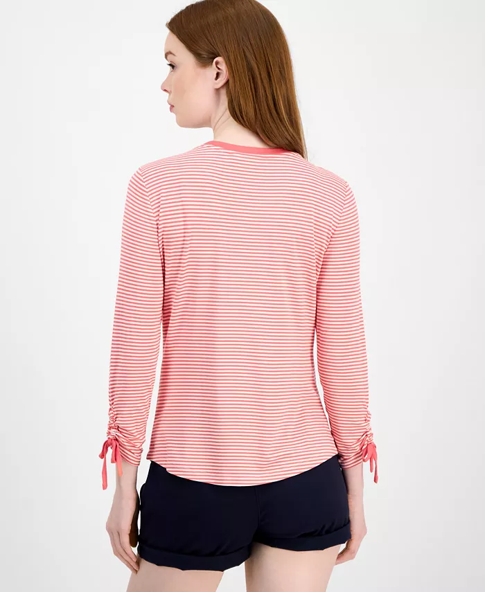 Tommy Hilfiger Women's Striped Ruched-Sleeve Top Women's Fashion Shoes & Accessories