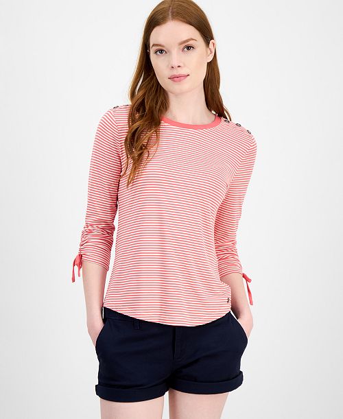 Tommy Hilfiger Women's Striped Ruched-Sleeve Top Women's Fashion Shoes & Accessories