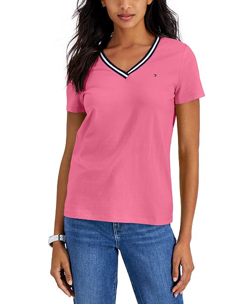 Tommy Hilfiger Women's Striped V-Neck Short-Sleeve T-Shirt Women's Fashion Shoes & Accessories