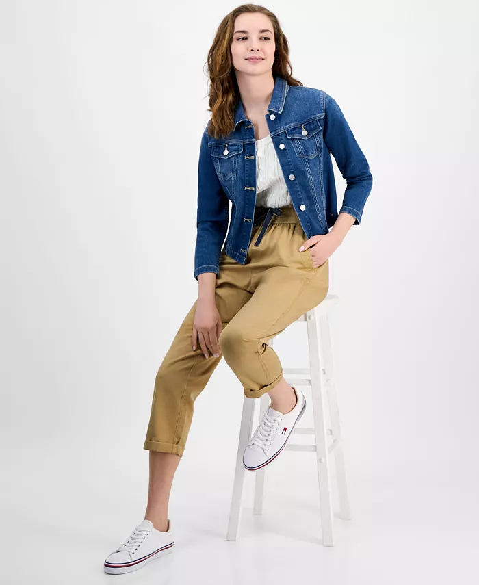 Tommy Hilfiger Women's TH Flex Denim Jacket Cable-Knit Tank Top & Utility Pants Women's Fashion Shoes & Accessories