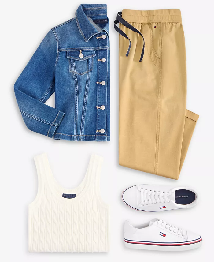 Tommy Hilfiger Women's TH Flex Denim Jacket Cable-Knit Tank Top & Utility Pants Women's Fashion Shoes & Accessories