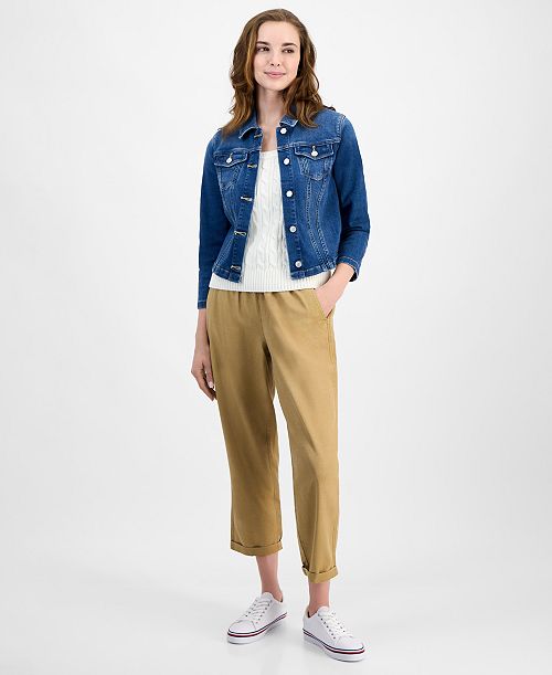 Tommy Hilfiger Women's TH Flex Denim Jacket Cable-Knit Tank Top & Utility Pants Women's Fashion Shoes & Accessories