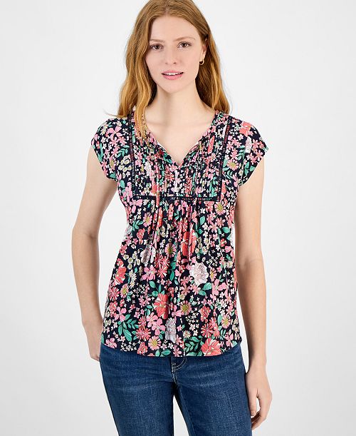 Tommy Hilfiger Women's Tie-Neck Pintuck-Front Top Women's Fashion Shoes & Accessories