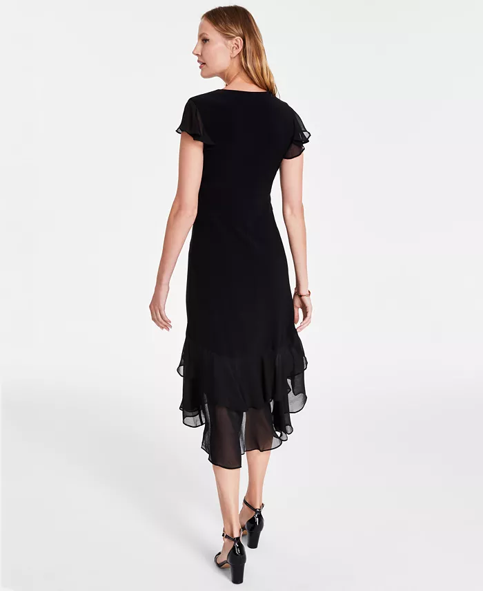 Tommy Hilfiger Women's V-Neck Chiffon-Trim Midi Dress With Flutter Sleeves Women's Fashion Shoes & Accessories