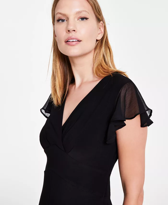 Tommy Hilfiger Women's V-Neck Chiffon-Trim Midi Dress With Flutter Sleeves Women's Fashion Shoes & Accessories