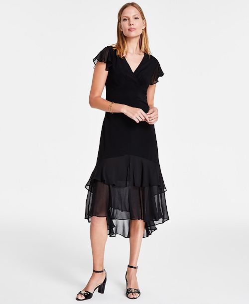 Tommy Hilfiger Women's V-Neck Chiffon-Trim Midi Dress With Flutter Sleeves Women's Fashion Shoes & Accessories