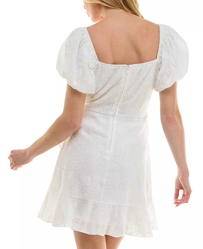 Trixxi Juniors' Eyelet Embroidered Puff-Sleeve Fit & Flare Dress Juniors'