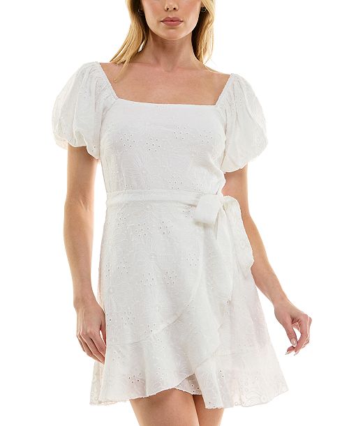 Trixxi Juniors' Eyelet Embroidered Puff-Sleeve Fit & Flare Dress Juniors'