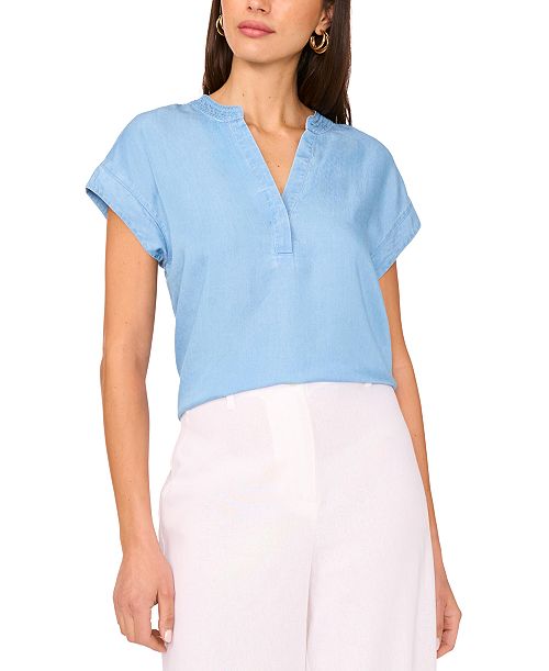 Vince Camuto V Neck Front Placket Blouse Women's Fashion Shoes & Accessories