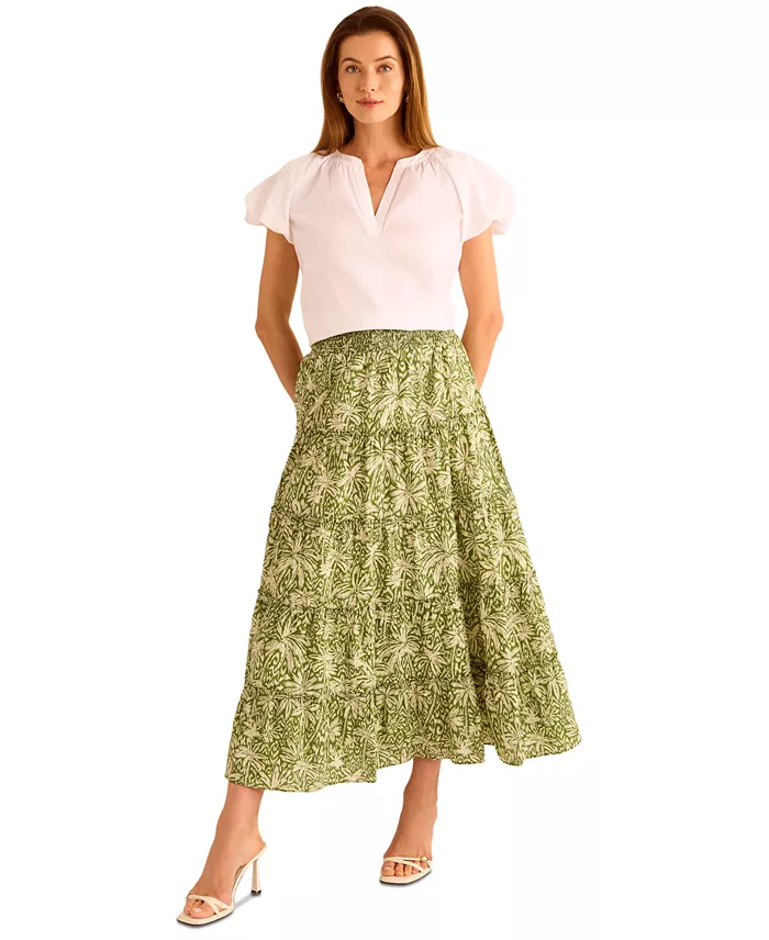 Vince Camuto Women's Cotton Tiered Smocked-Waist Maxi Skirt Women's Fashion Shoes & Accessories