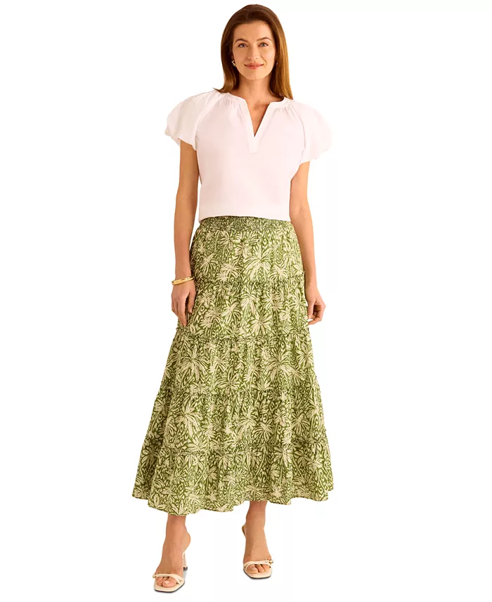 Vince Camuto Women's Cotton Tiered Smocked-Waist Maxi Skirt Women's Fashion Shoes & Accessories