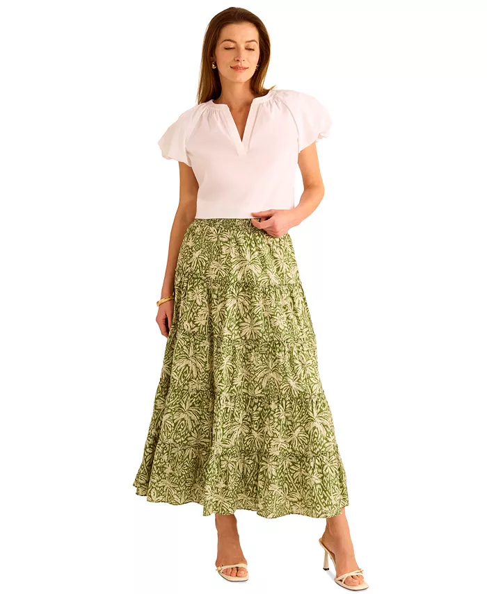 Vince Camuto Women's Cotton Tiered Smocked-Waist Maxi Skirt Women's Fashion Shoes & Accessories