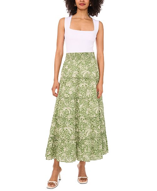 Vince Camuto Women's Cotton Tiered Smocked-Waist Maxi Skirt Women's Fashion Shoes & Accessories