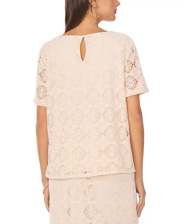 Vince Camuto Women's Crochet Short-Sleeve Blouse Women's Fashion Shoes & Accessories