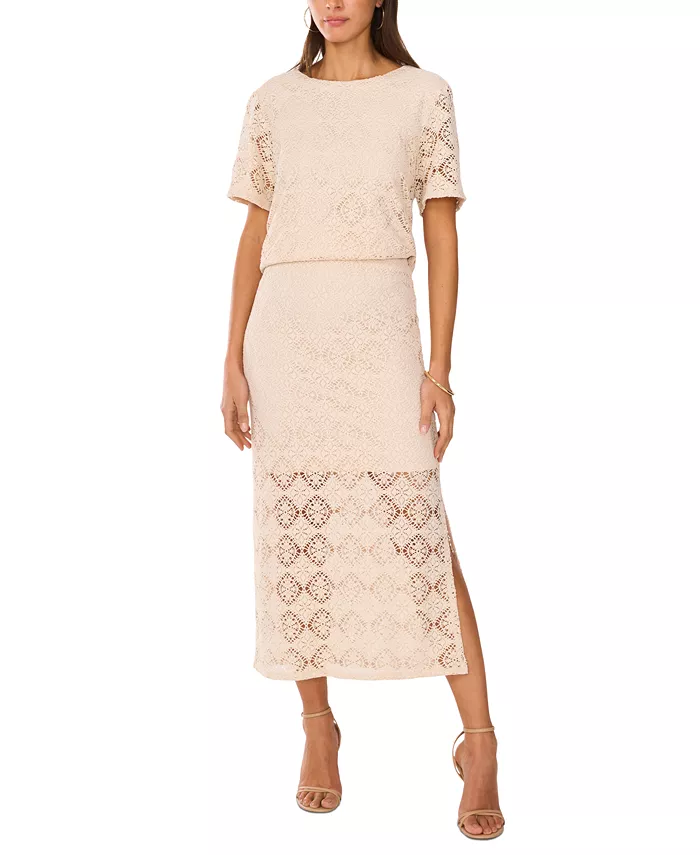 Vince Camuto Women's Crochet Short-Sleeve Blouse Women's Fashion Shoes & Accessories