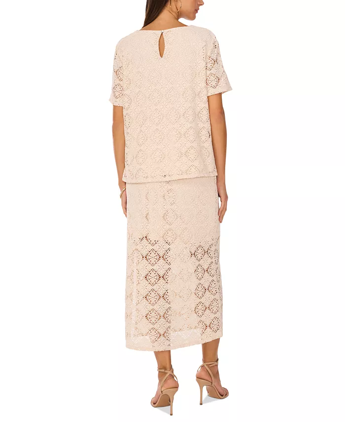 Vince Camuto Women's Crochet Short-Sleeve Blouse Women's Fashion Shoes & Accessories