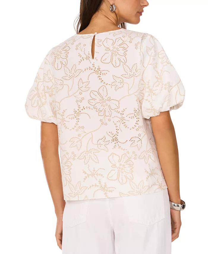 Vince Camuto Women's Embroidered Puff-Sleeve Top Women's Fashion Shoes & Accessories