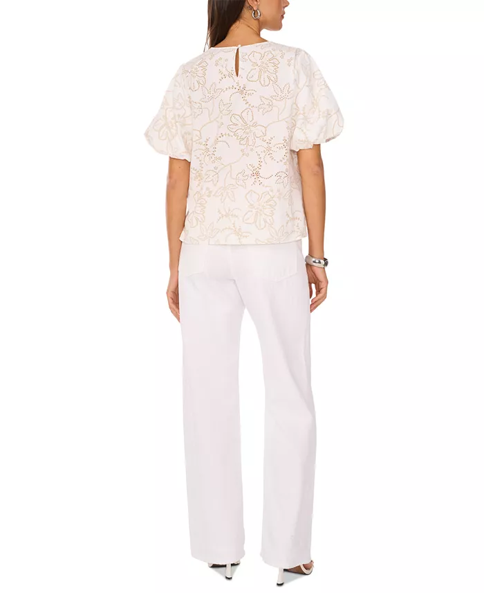 Vince Camuto Women's Embroidered Puff-Sleeve Top Women's Fashion Shoes & Accessories