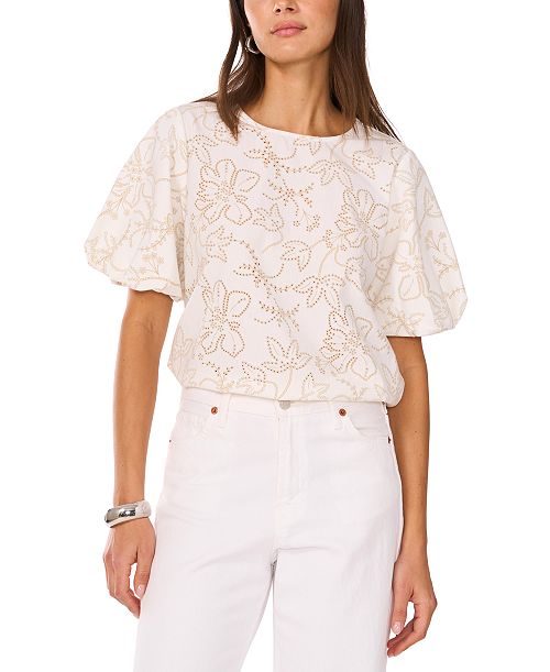 Vince Camuto Women's Embroidered Puff-Sleeve Top Women's Fashion Shoes & Accessories