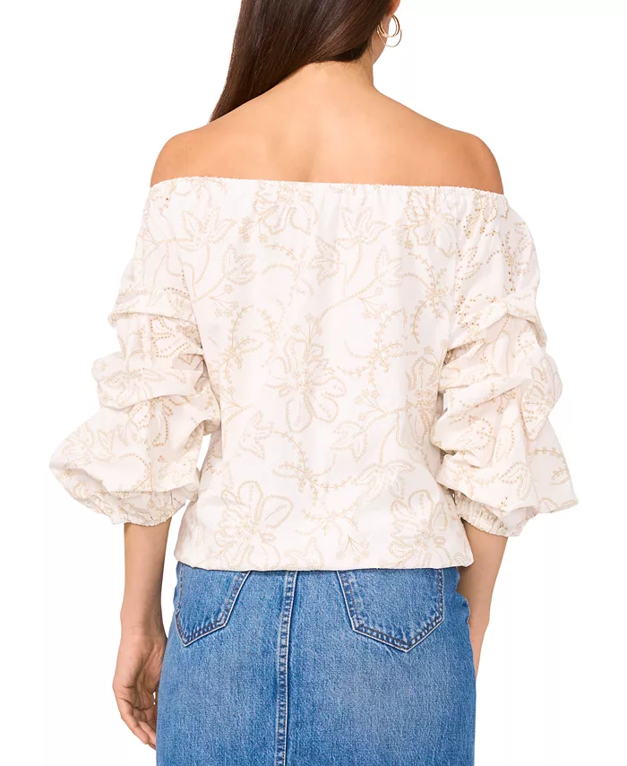 Vince Camuto Women's Floral Embroidered Off-The-Shoulder Bubble 3/4-Sleeve Tie-Front Blouse Women's Fashion Shoes & Accessories