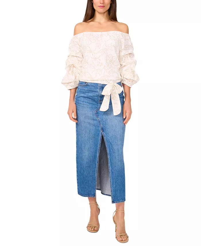 Vince Camuto Women's Floral Embroidered Off-The-Shoulder Bubble 3/4-Sleeve Tie-Front Blouse Women's Fashion Shoes & Accessories