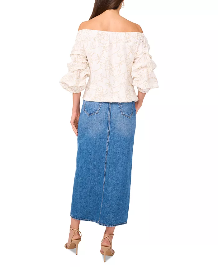 Vince Camuto Women's Floral Embroidered Off-The-Shoulder Bubble 3/4-Sleeve Tie-Front Blouse Women's Fashion Shoes & Accessories