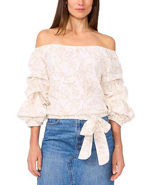 Vince Camuto Women's Floral Embroidered Off-The-Shoulder Bubble 3/4-Sleeve Tie-Front Blouse Women's Fashion Shoes & Accessories