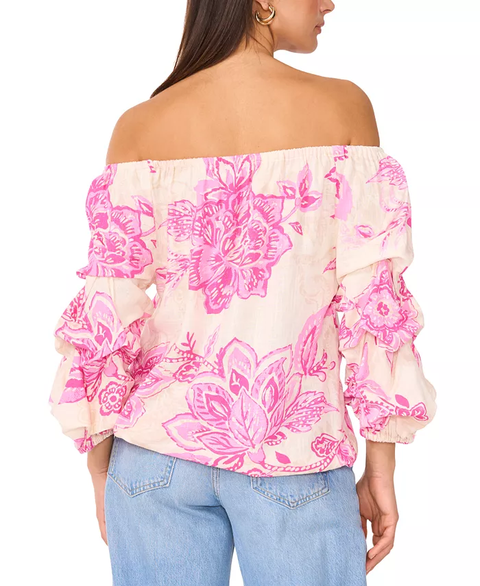 Vince Camuto Women's Floral Linen-Blend Off-The-Shoulder Bubble 3/4-Sleeve Tie-Front Blouse Women's Fashion Shoes & Accessories